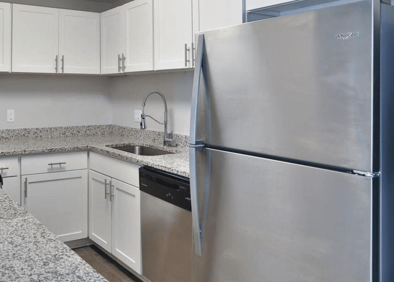 Cobalt Springs apartments in Taylors SC modern kitchen sink, dishwasher and fridge.